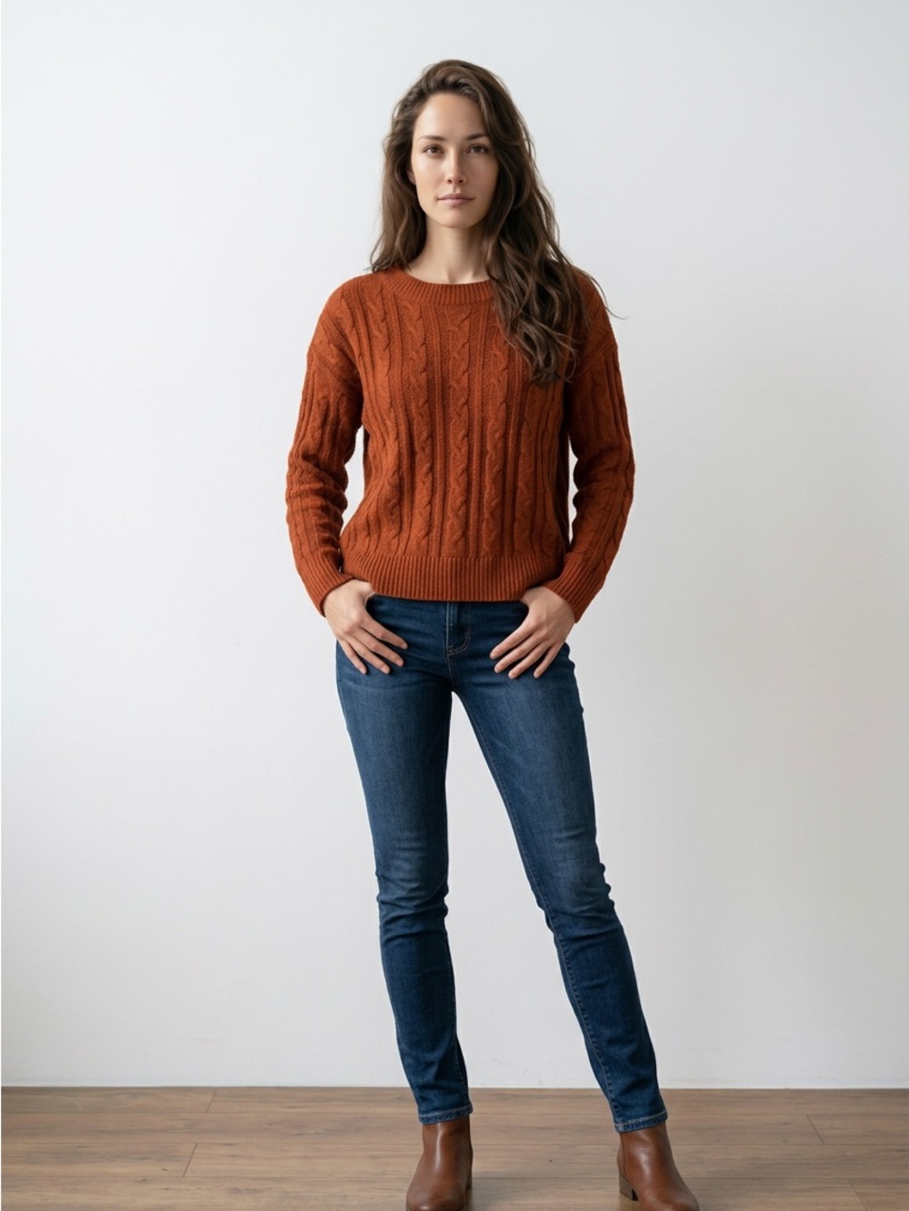 Rust Cable-Knit Crewneck Sweater - Women